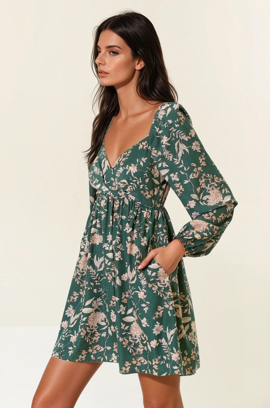 Dark Forest Floral Print Long Sleeve Dress