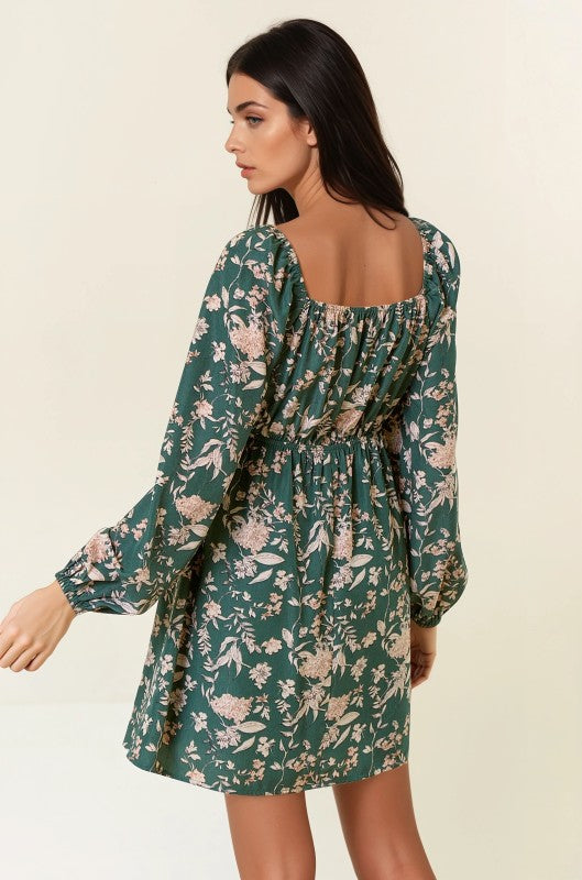 Dark Forest Floral Print Long Sleeve Dress