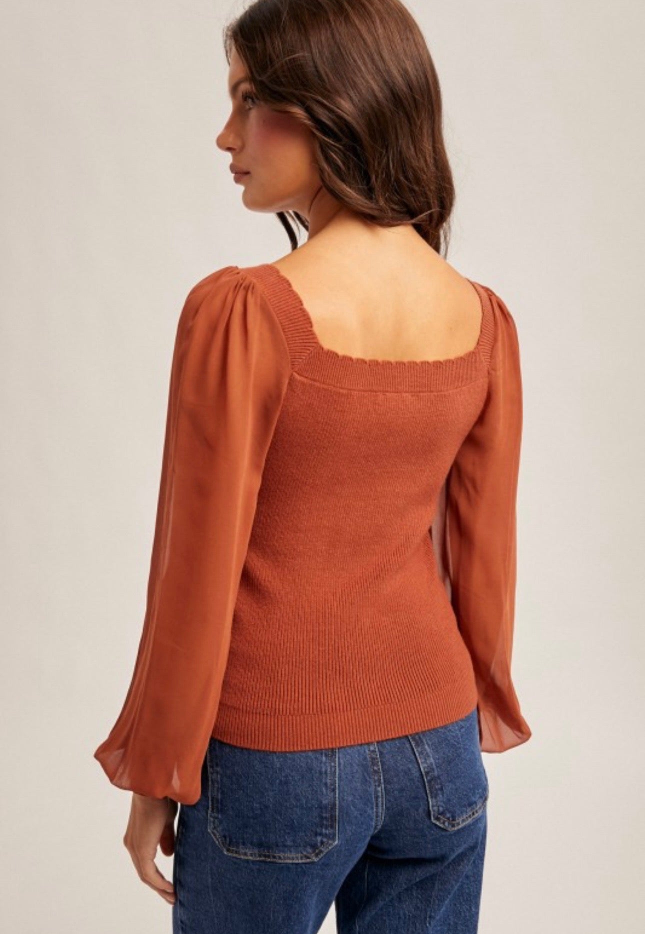 Scallop Neck Chiffon Sleeve Sweater