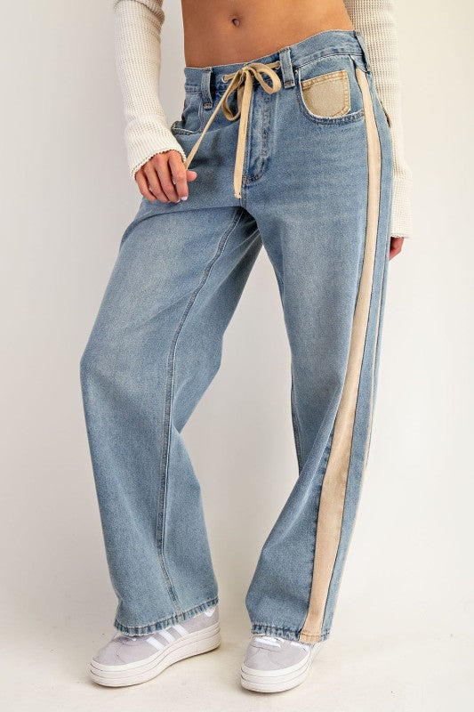 Washed White Drawstring Mineral Washed Drawstring Side Stripe Pants