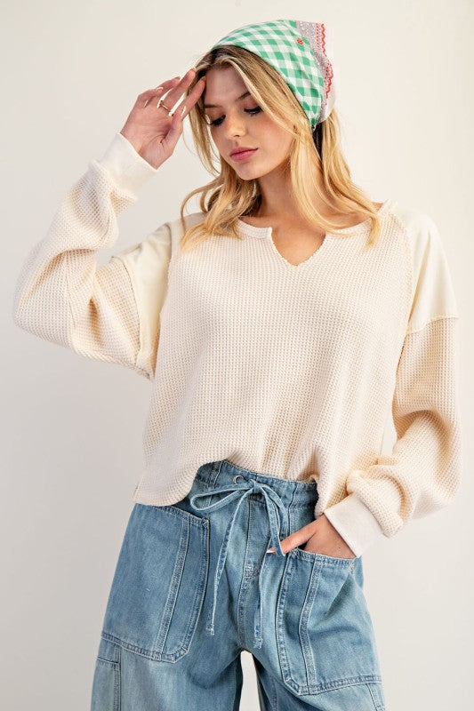 Snow Wash V Neck Waffle Top