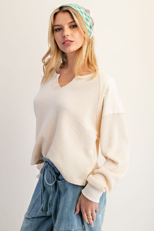 Snow Wash V Neck Waffle Top