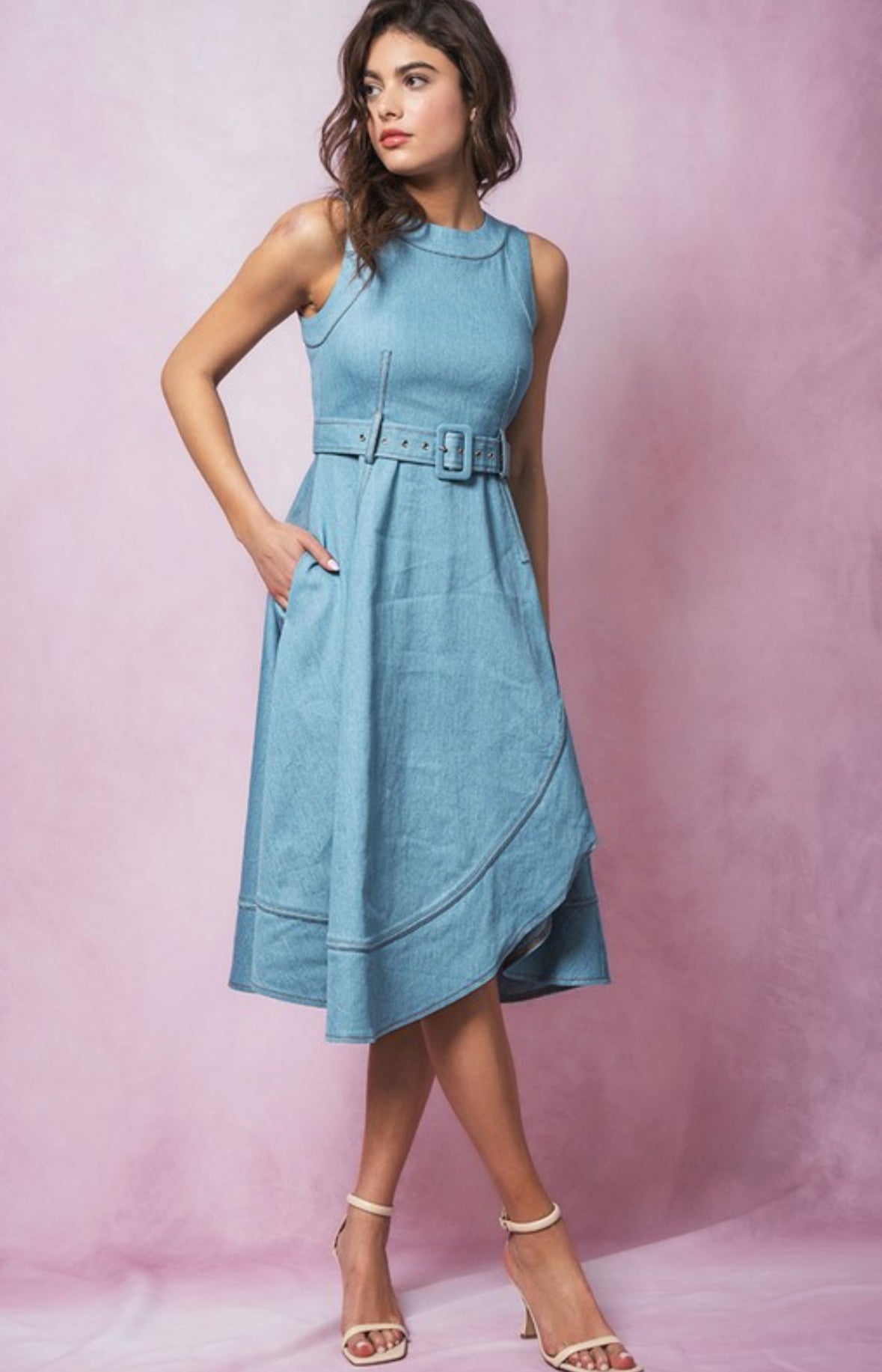 Denim Belted Midi Dress