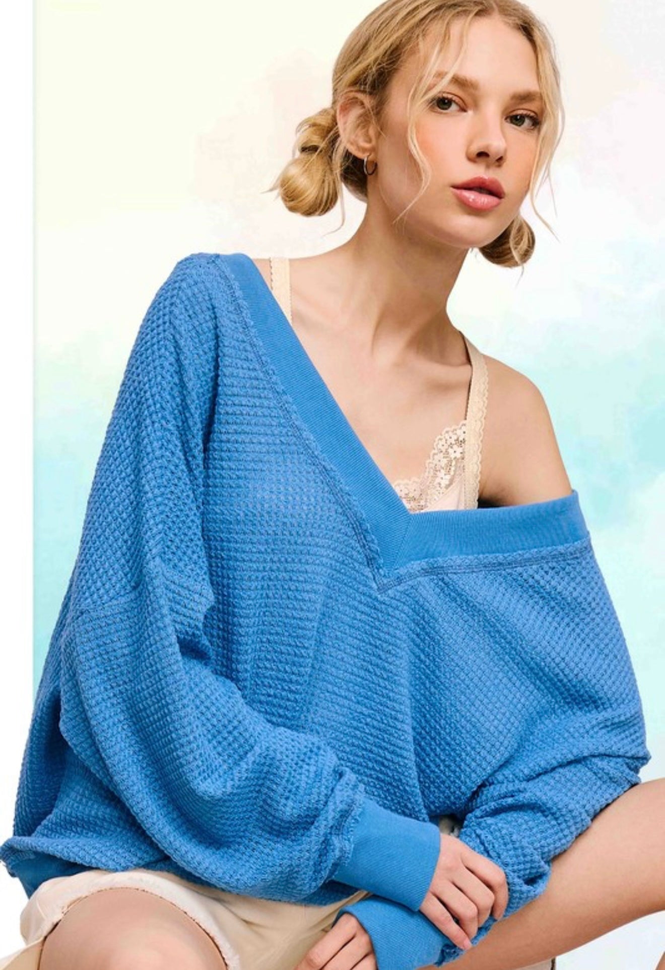 Deep Blue V Neck Waffle Top