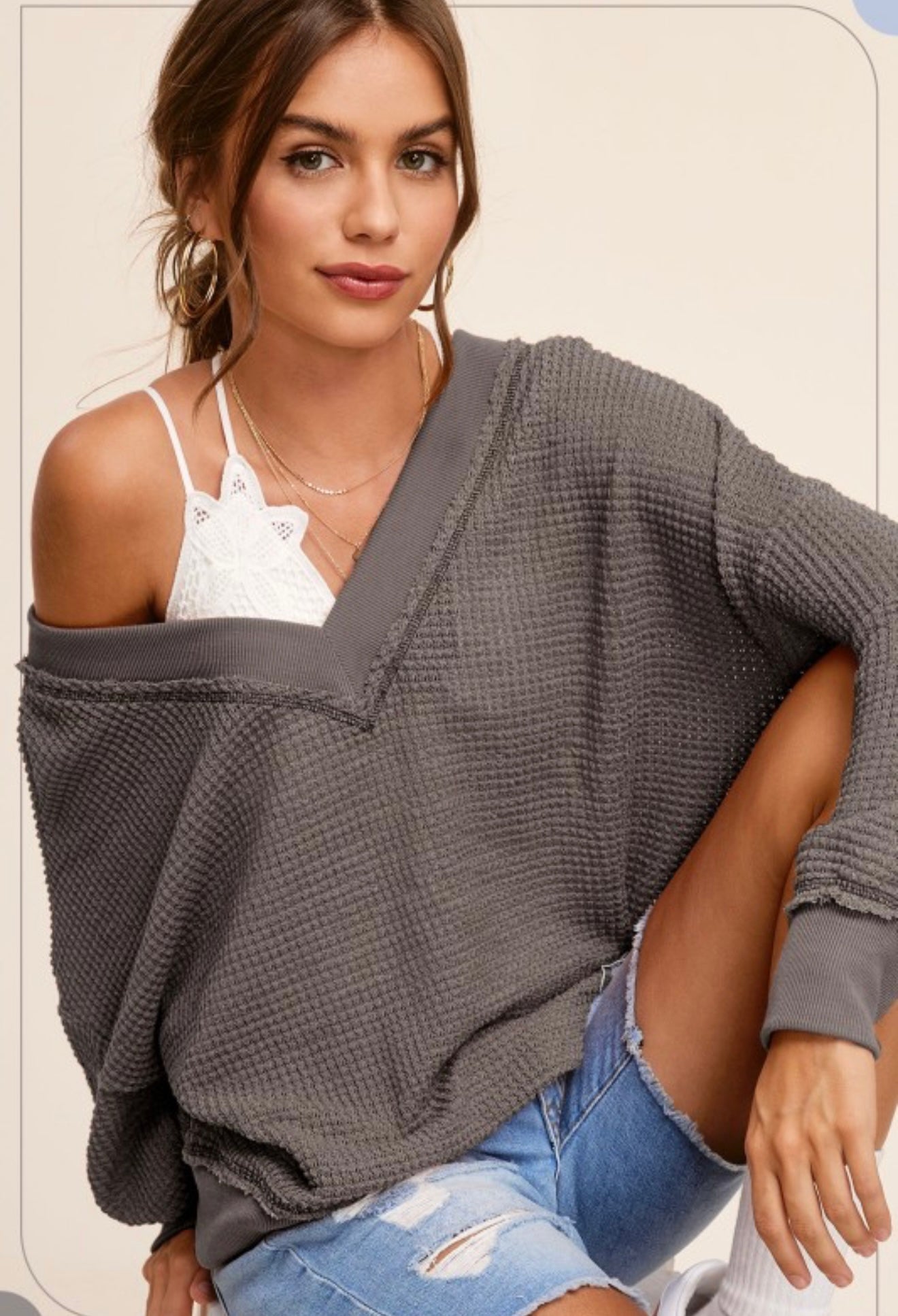 Grey V Neck Waffle Top