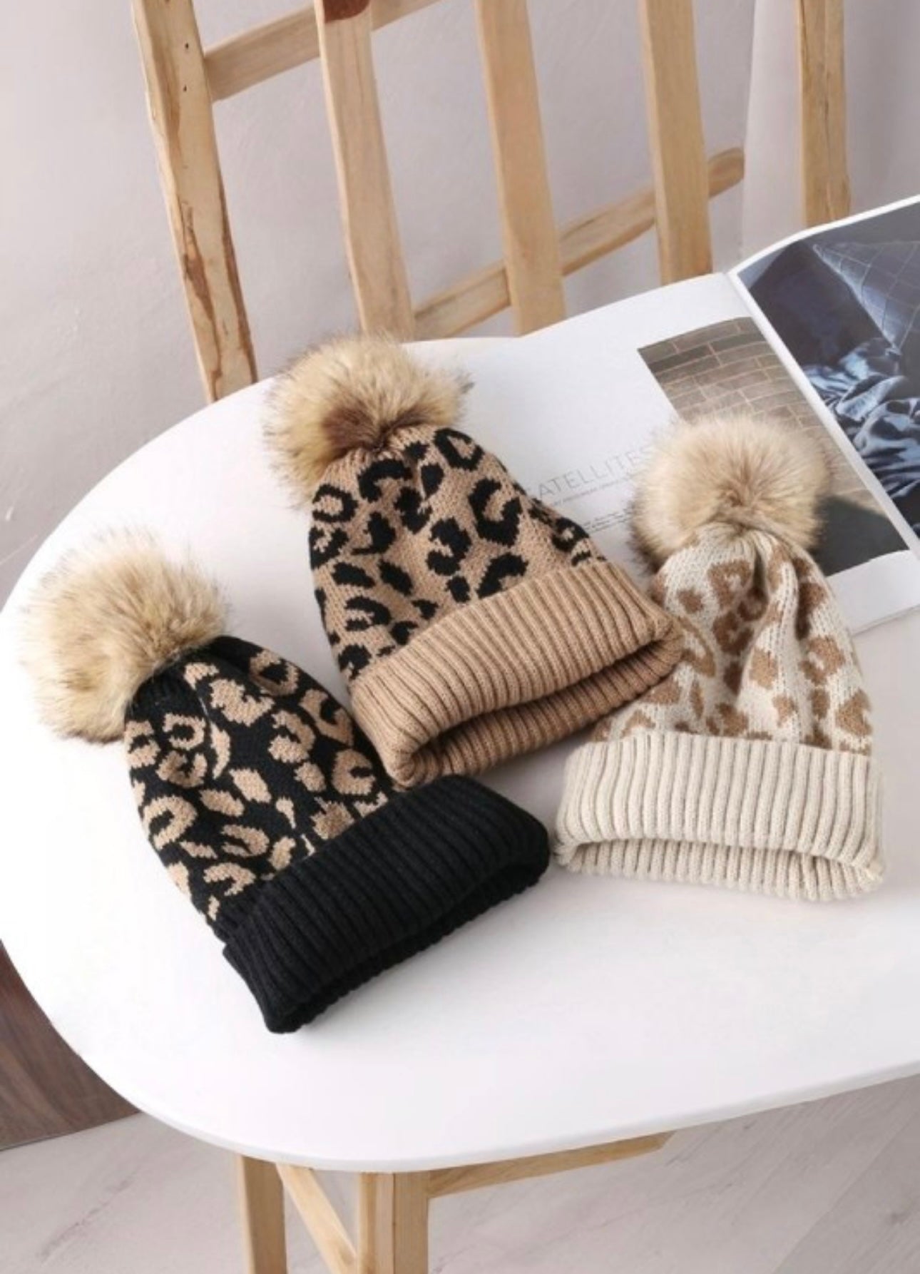 Leopard Pattern Knit Pom Pom Beanie