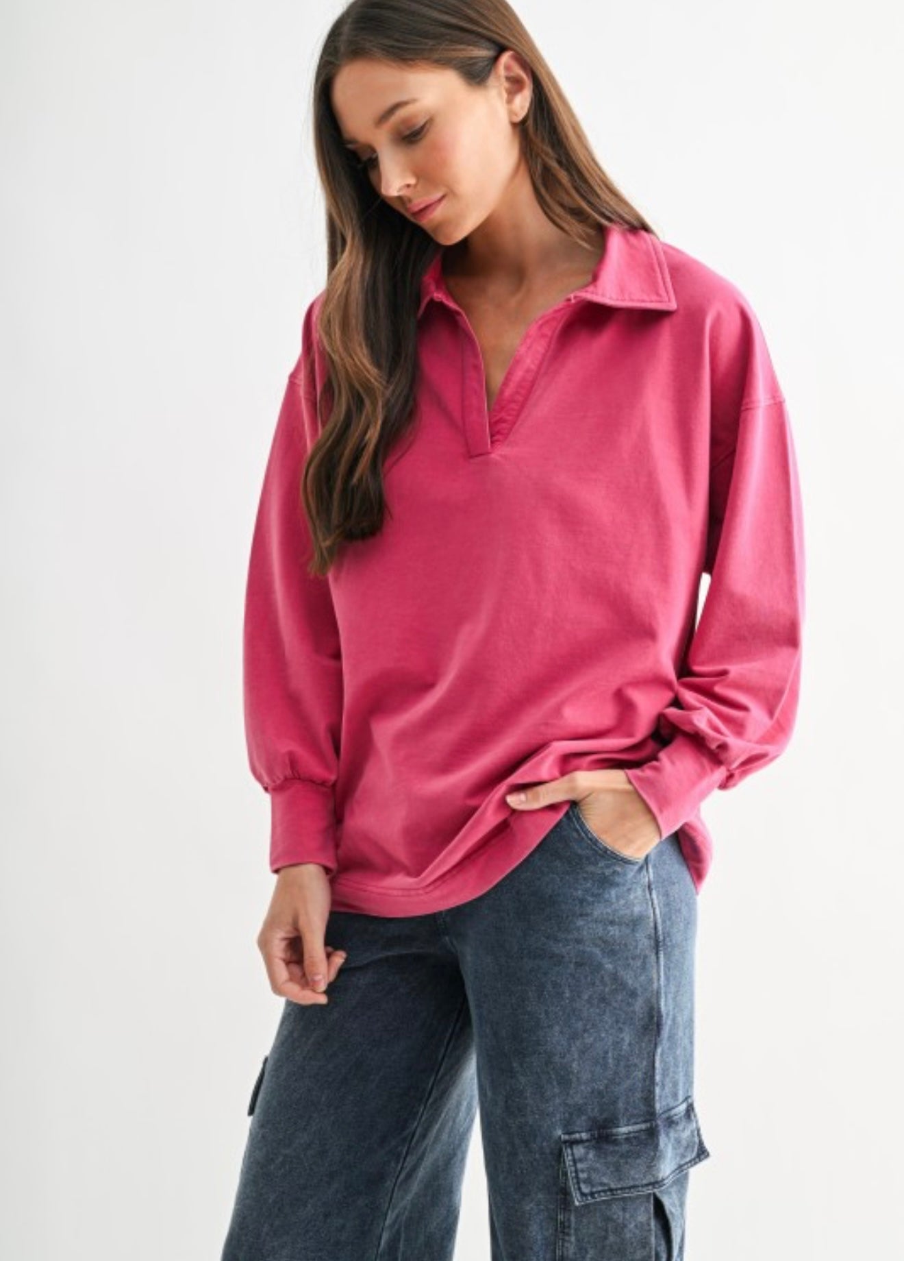 Pink Cotton Collared Long Sleeve