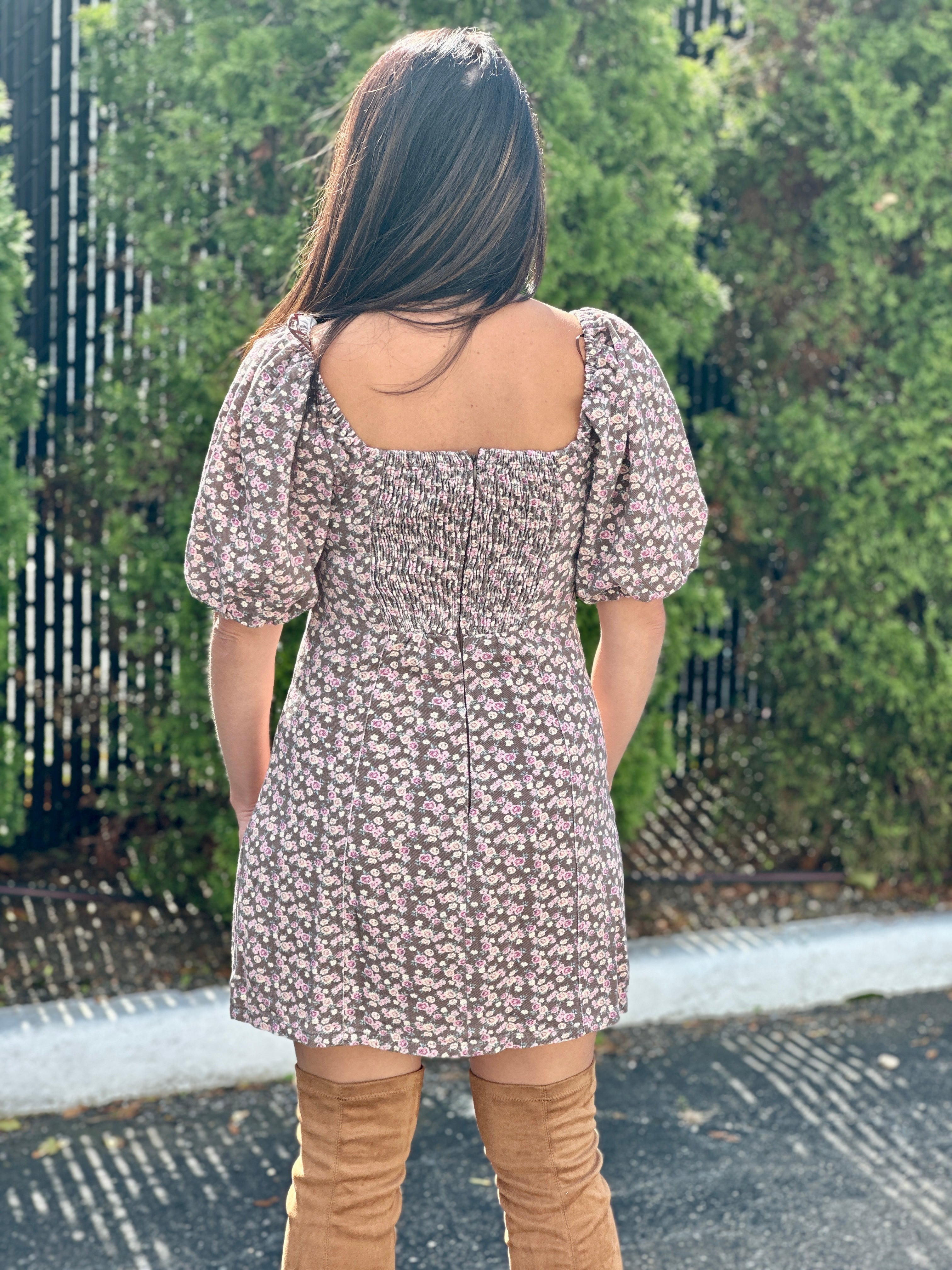 Floral Puff Sleeve Denim Dress