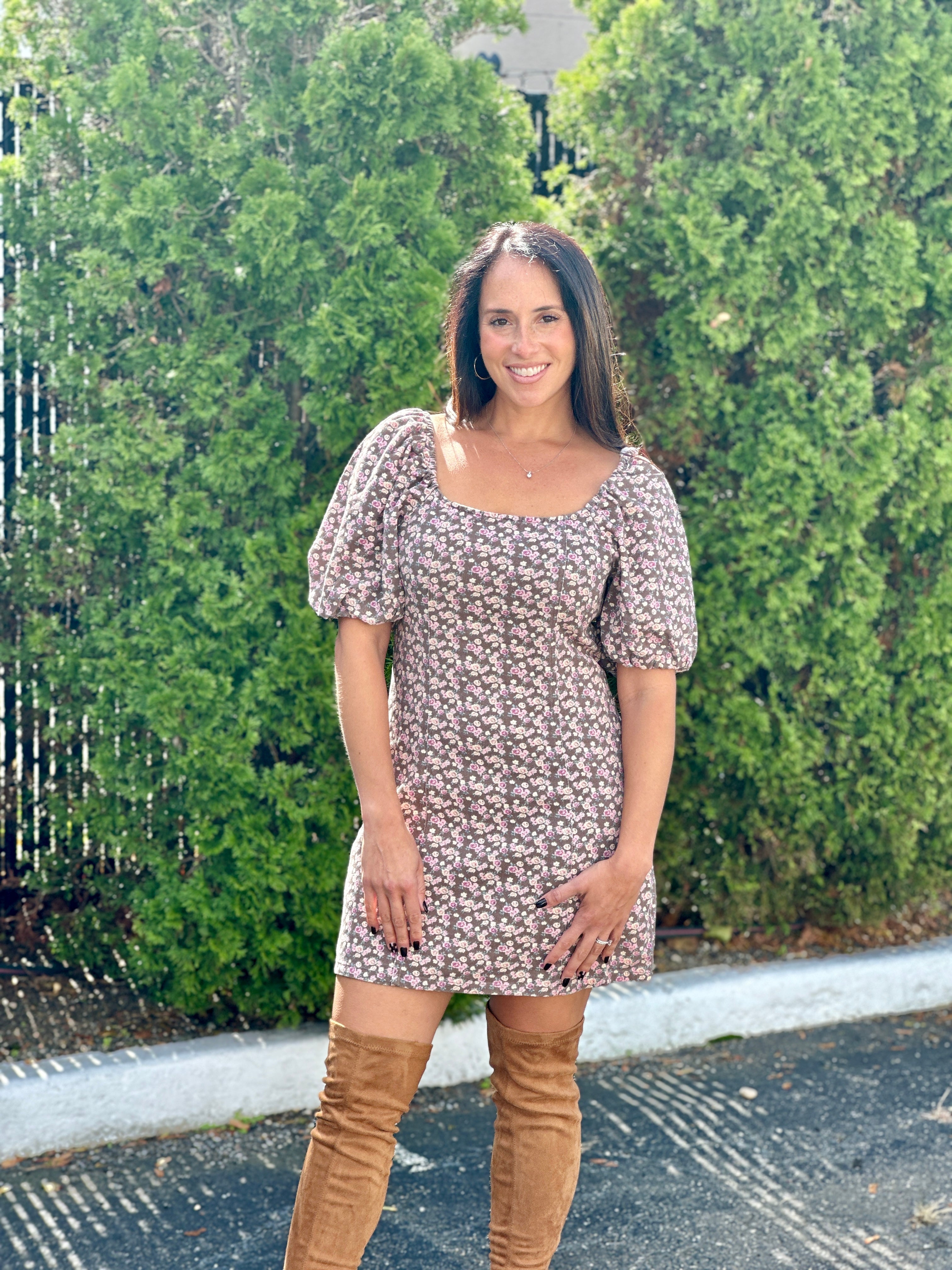 Floral Puff Sleeve Denim Dress