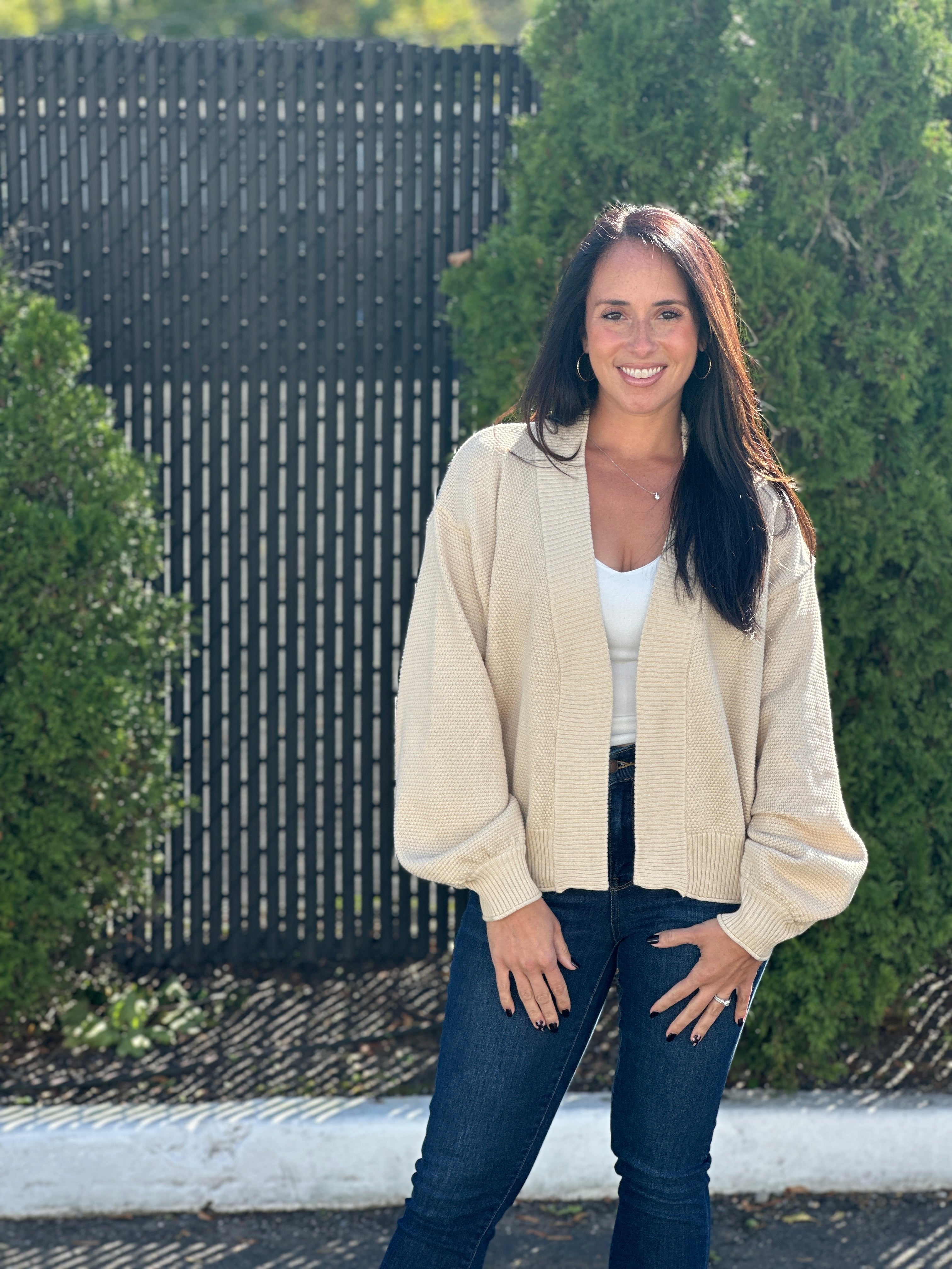 Open Front Bubble Sleeve Knit Cardigan