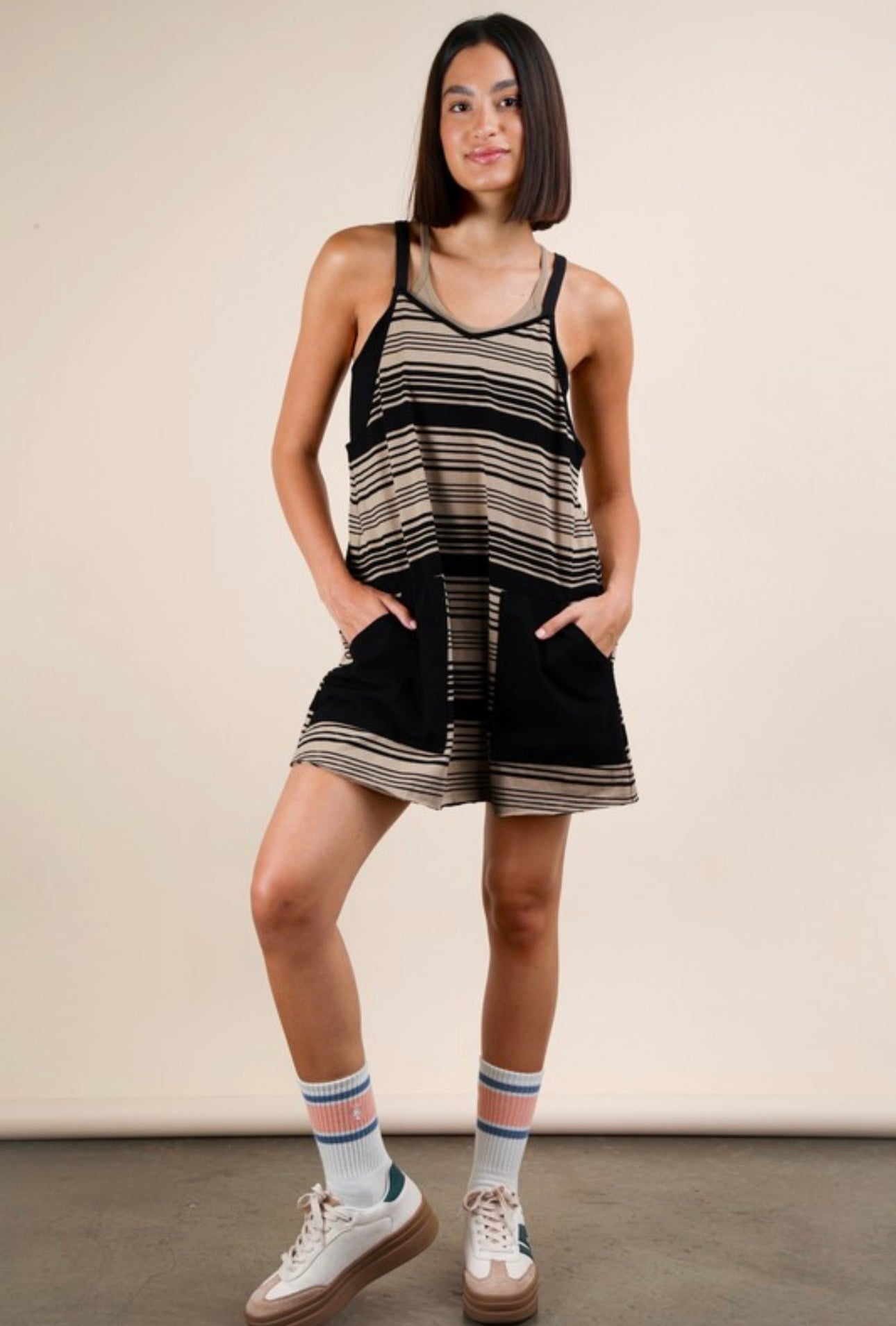 Striped Dress w romper lining  - Black and Mocha
