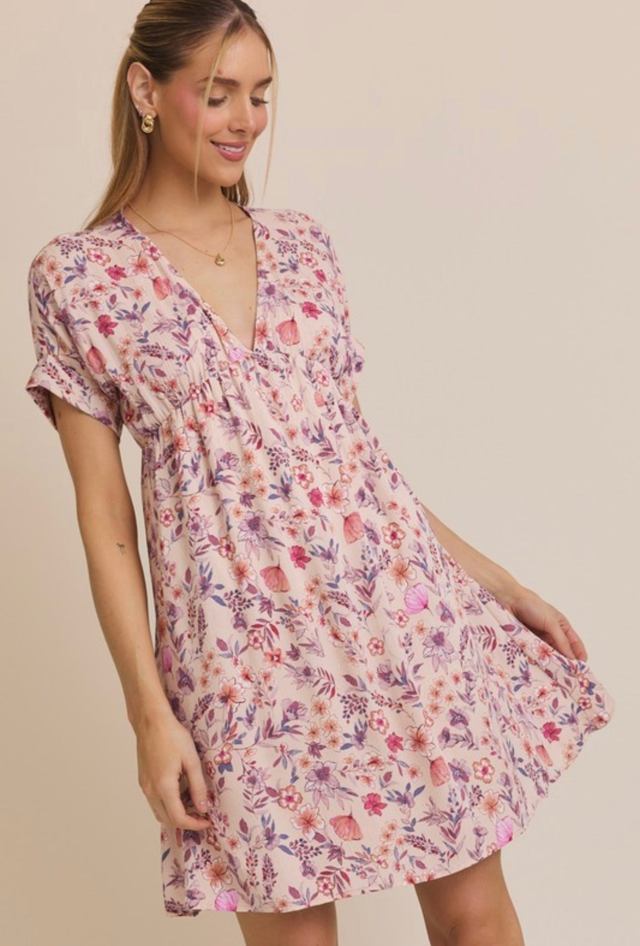 Floral Short Sleeve V-Neck Dress