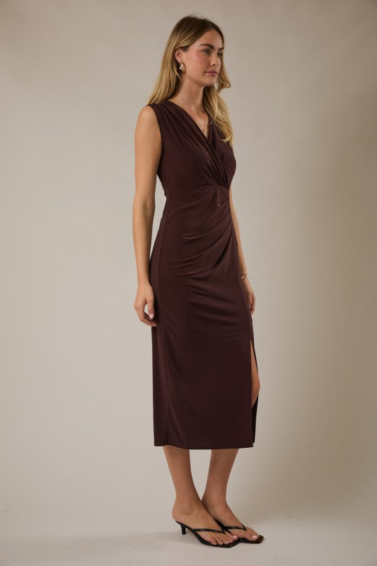 V Neck Surplice Midi Dress  - Brown