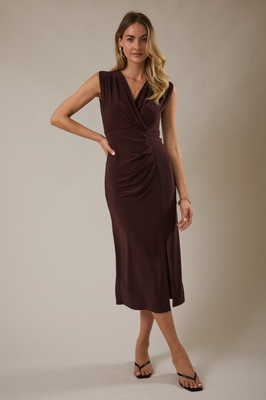 V Neck Surplice Midi Dress  - Brown