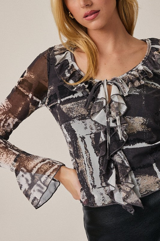 Ruffle V Neck Flare Sleeve Top