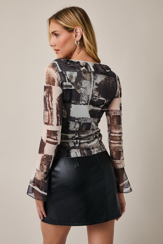 Ruffle V Neck Flare Sleeve Top