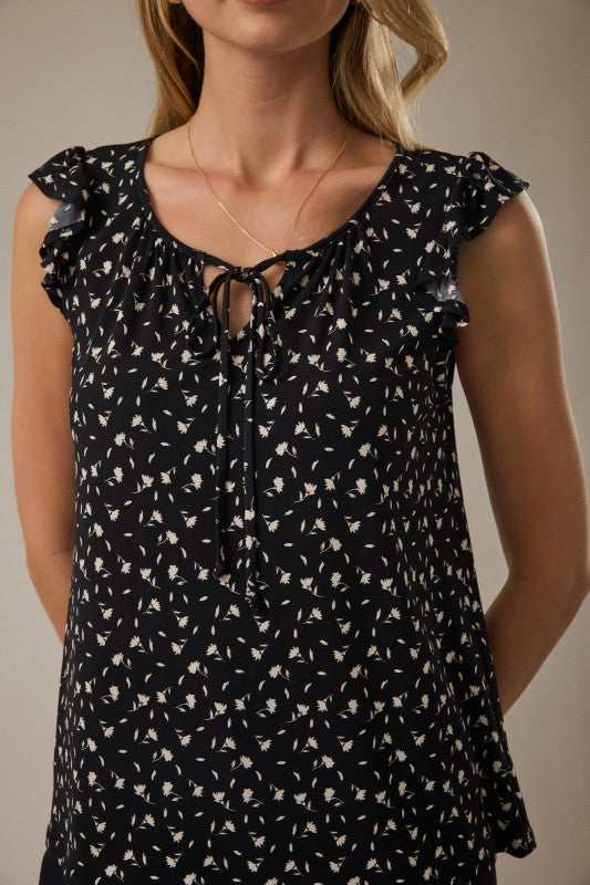 Front Tie Ruffle Ditsy Top