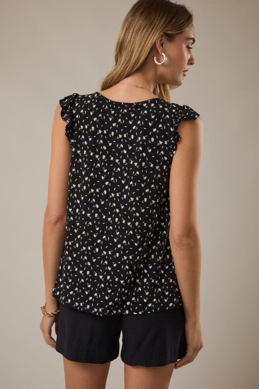 Front Tie Ruffle Ditsy Top
