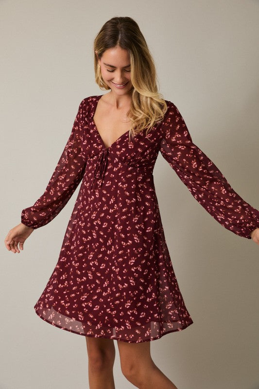 V-Neck Long Sleeve Floral Dress