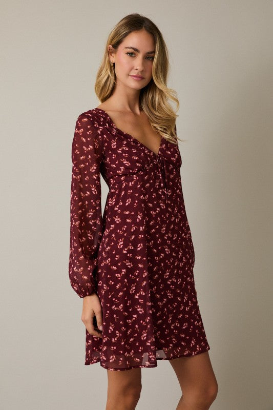 V-Neck Long Sleeve Floral Dress