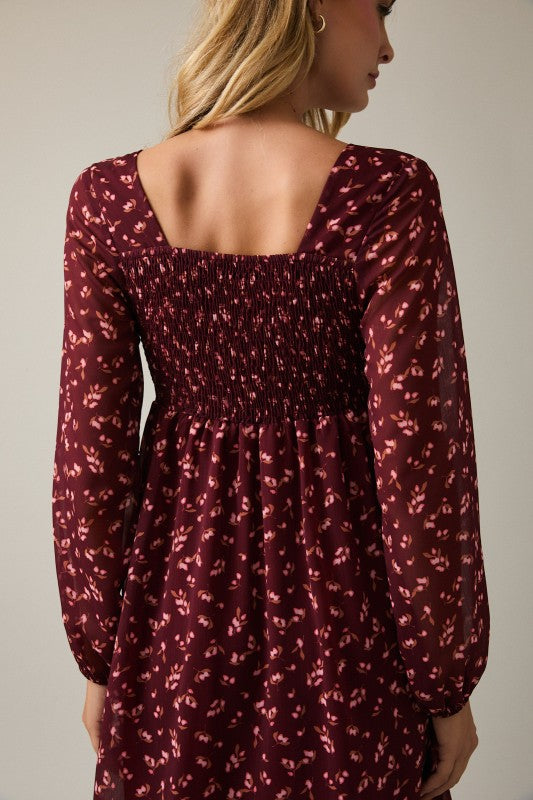 V-Neck Long Sleeve Floral Dress