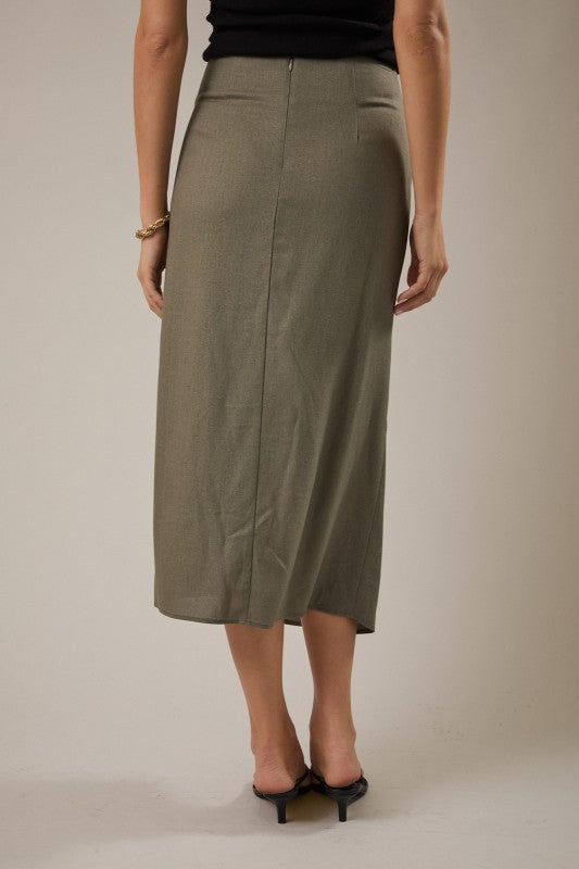 Side Draped Back Slit With Metal Detail Midi Skirt