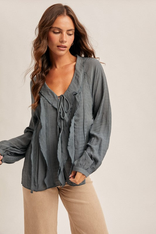 Slate V-neck Textured Ruffle Blouse