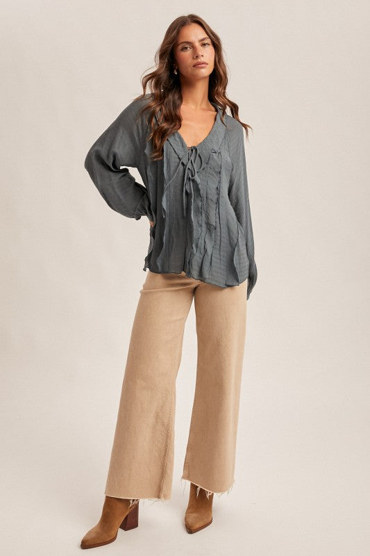 Slate V-neck Textured Ruffle Blouse