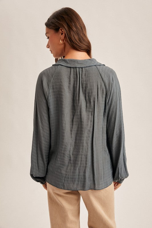 Slate V-neck Textured Ruffle Blouse