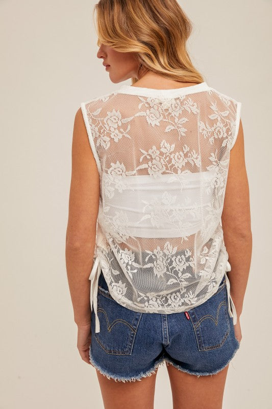 Ruched Floral Sheer Lace Top