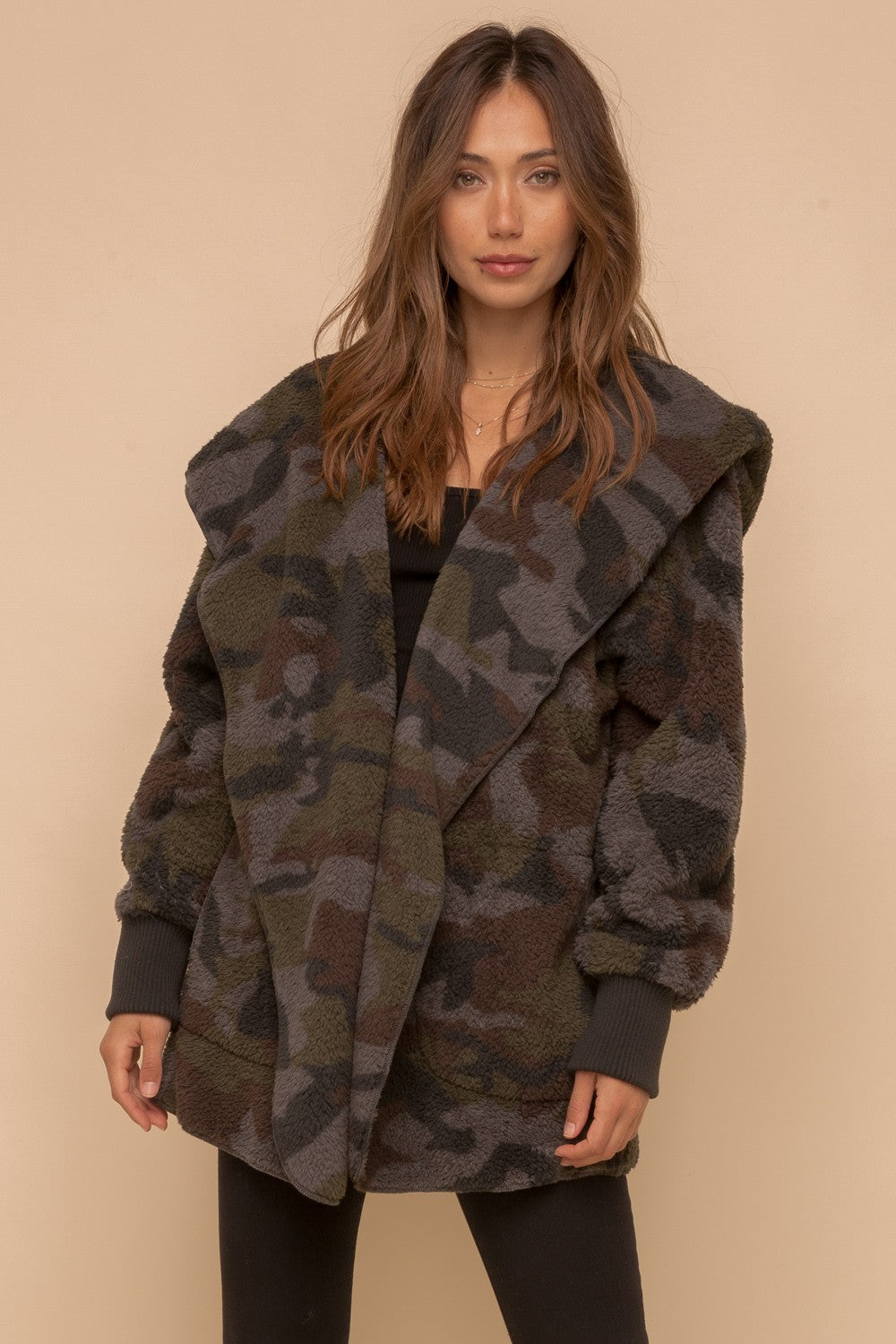 Camo Print Sherpa Open Jacket