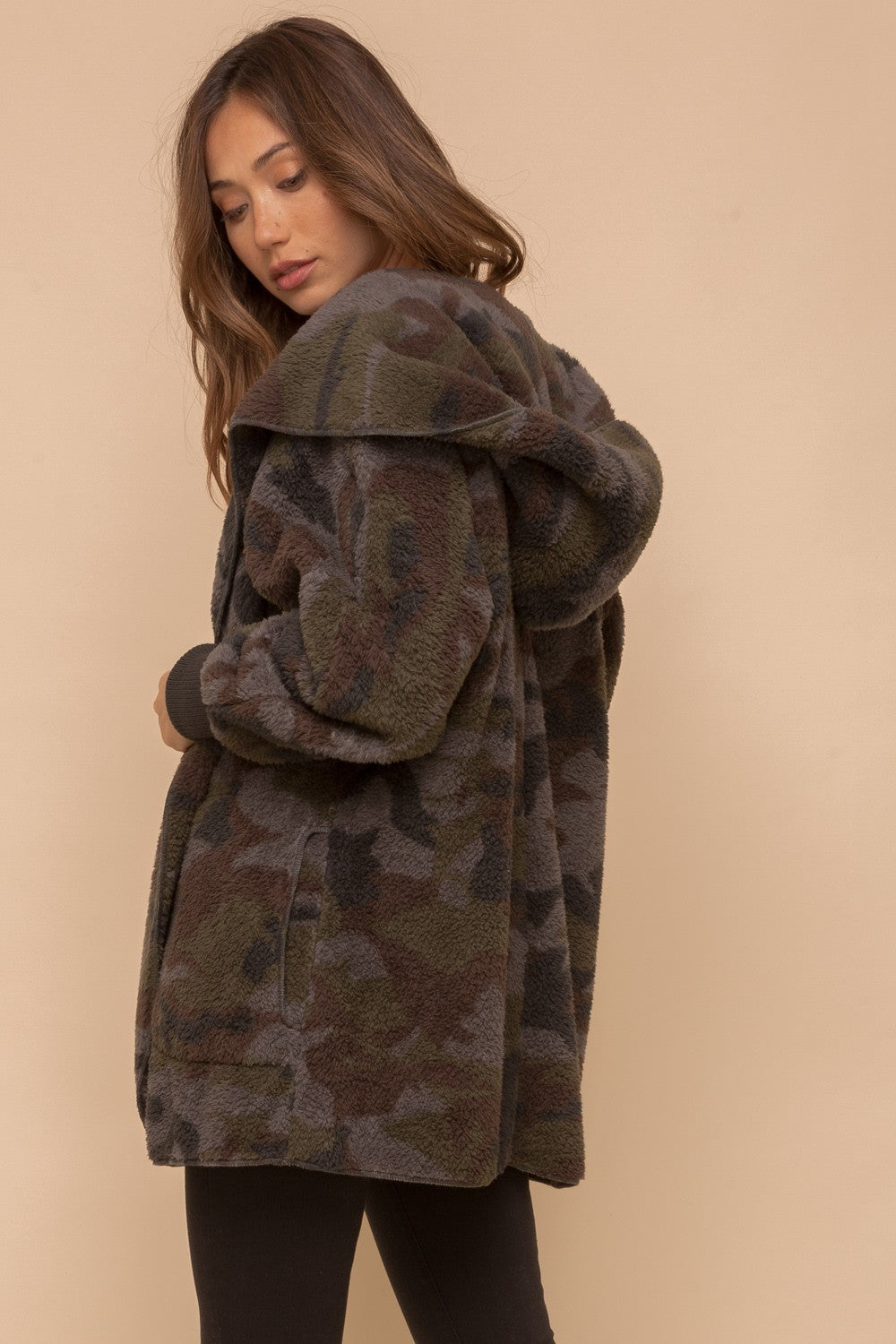 Camo Print Sherpa Open Jacket