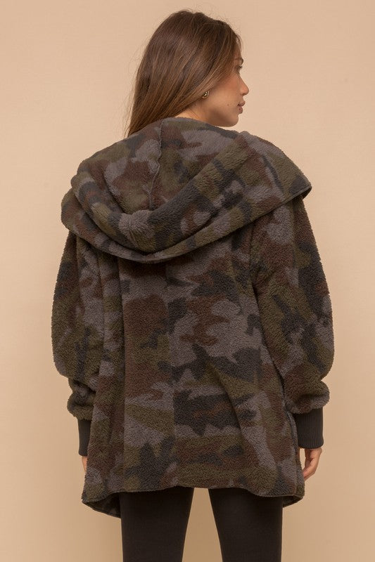 Camo Print Sherpa Open Jacket