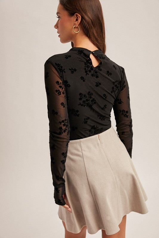 Floral High Neck Mesh Velvet Bodysuit
