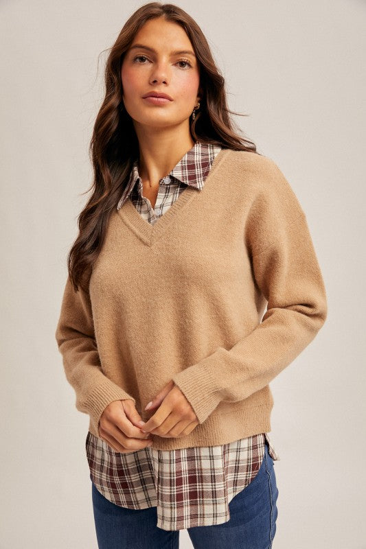 Plaid Contrast Mixed V Neck Sweater