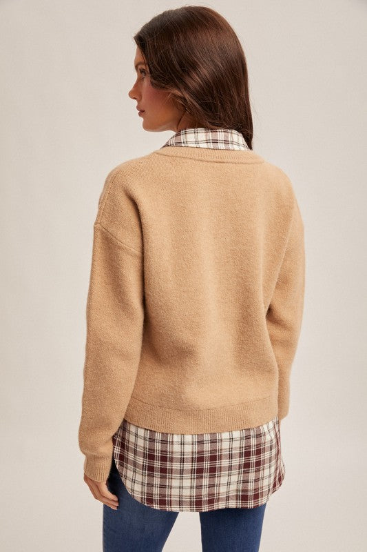 Plaid Contrast Mixed V Neck Sweater