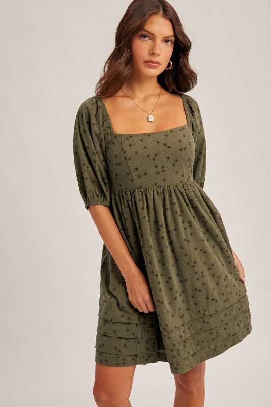 Floral Corduroy Puff Sleeve Dress