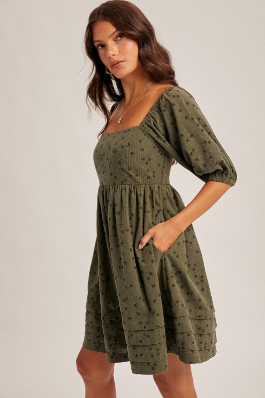 Floral Corduroy Puff Sleeve Dress