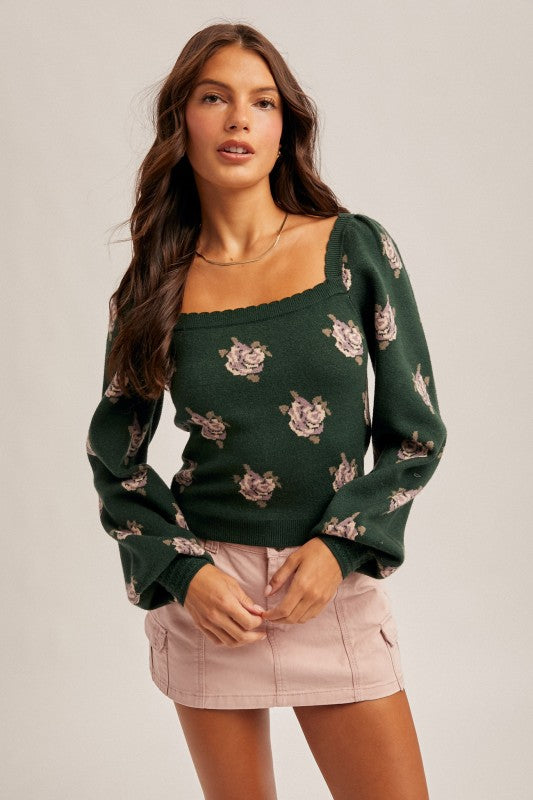 Square Neck Puff Sleeve Floral Sweater