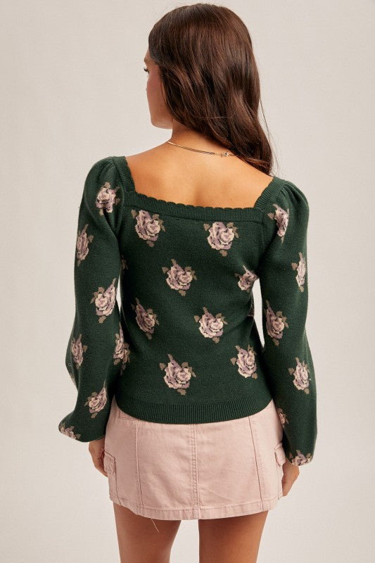 Square Neck Puff Sleeve Floral Sweater