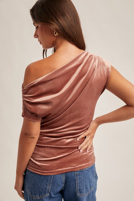 Asymmetrical Neck Line Ruched Velvet Top