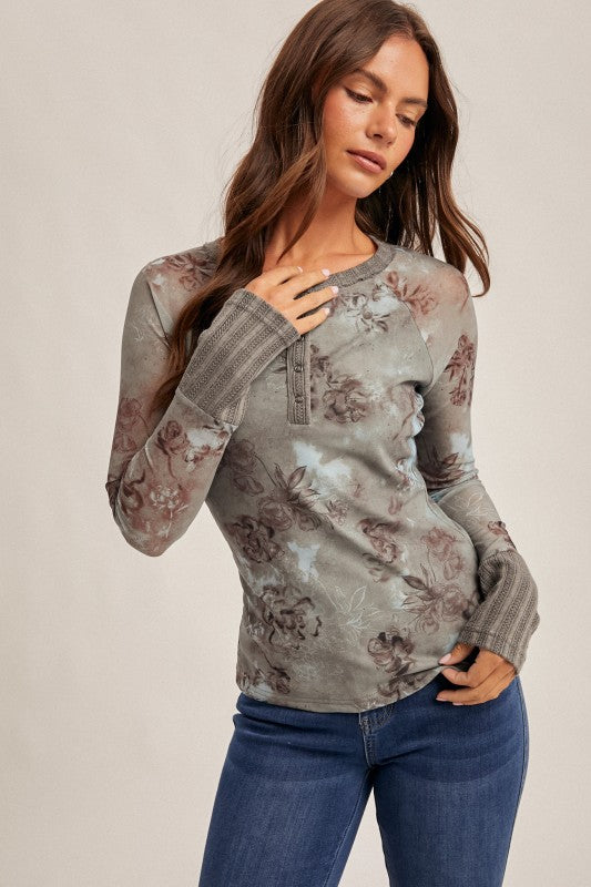 Mesh Floral Print Henley Top