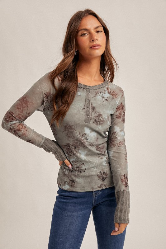 Mesh Floral Print Henley Top