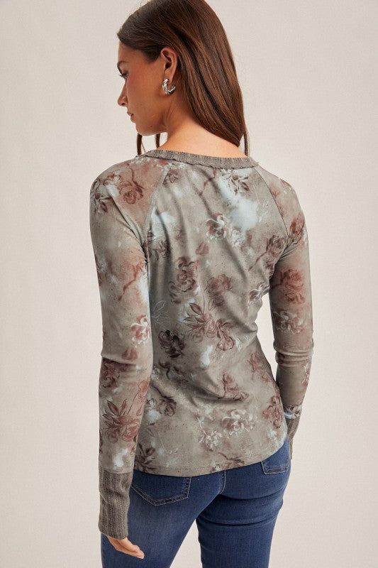 Mesh Floral Print Henley Top