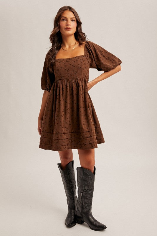 Floral Corduroy Puff Sleeve Dress