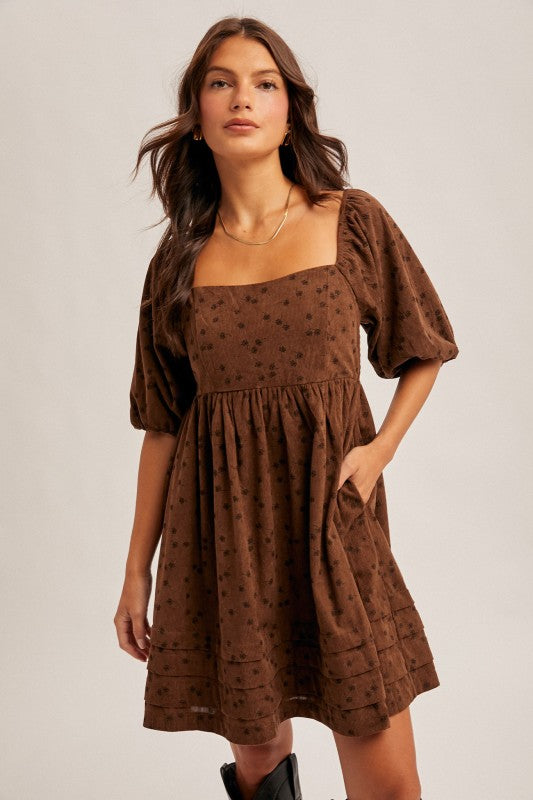 Floral Corduroy Puff Sleeve Dress