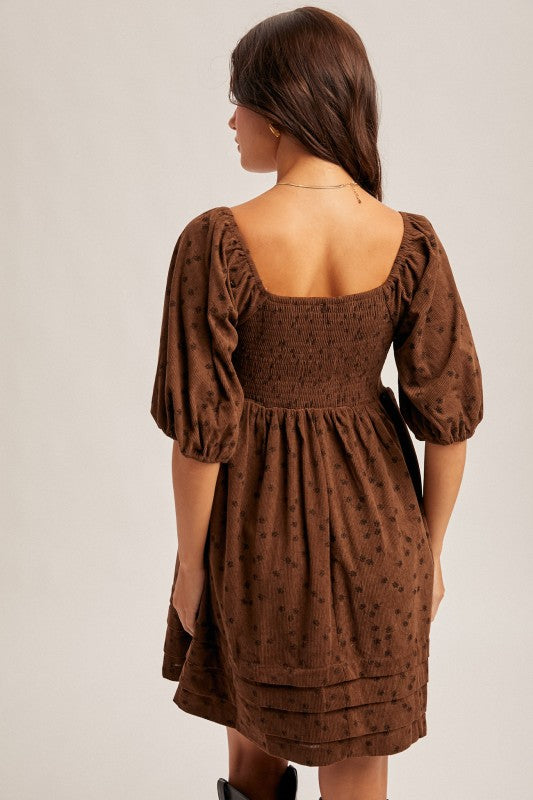 Floral Corduroy Puff Sleeve Dress