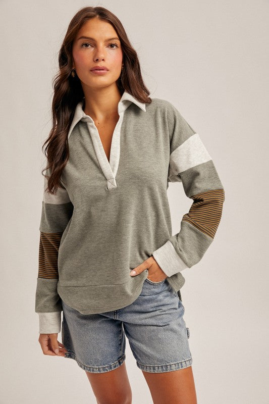 Brushed Jersey Stripe Mixed Color Block Pullover