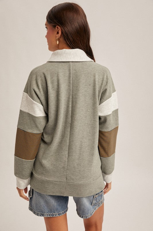Brushed Jersey Stripe Mixed Color Block Pullover
