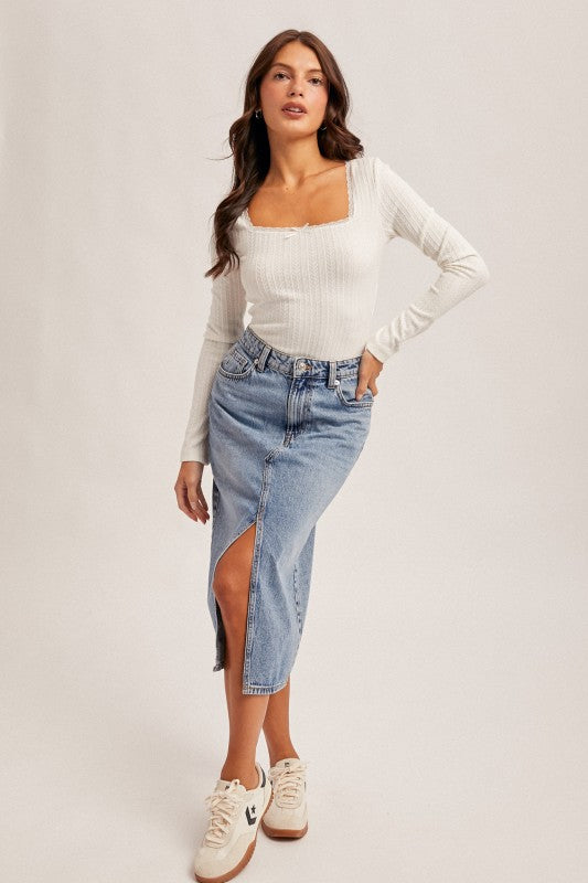 Lace Edge Square Neck Pointelle Top